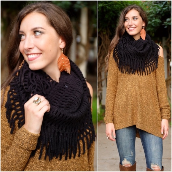 Infinity Raine Accessories - Black Chenille Fringed Infinity Scarf